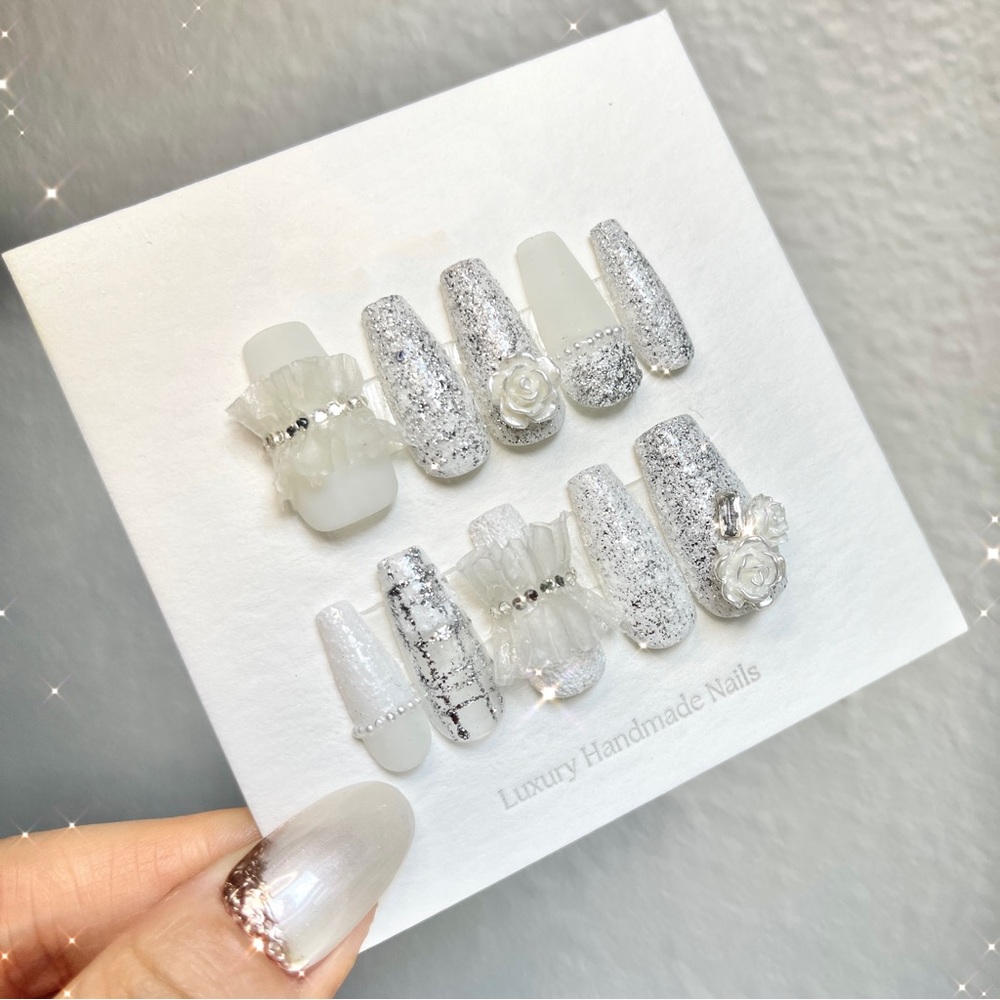 Wedding skirt glitter handmade gel nail, acrylic press on nail, fake nail